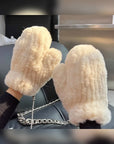Milk yellow rex rabbit fur mittens for women styled on hands