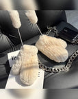 Milk yellow rex rabbit fur knitted mittens with matching wrist ties