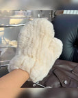 White rex rabbit fur mittens for women styled on hand