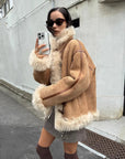 Firelady Fur Women's Shearling Coat | Merino Wool & Curly Toca Trim, Imported Two - Tone Plush Shawl Collar“Galaxy Gala” - variant_title