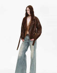 Firelady Fur Women's Waxed Sheepskin Biker Coat - Belted Asymmetric Lapel "Peninsula Black Tea" - variant_title