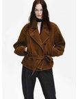 Firelady Fur Women's Waxed Sheepskin Biker Coat - Belted Asymmetric Lapel "Peninsula Black Tea" - variant_title