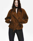 Firelady Fur Women's Waxed Sheepskin Biker Coat - Belted Asymmetric Lapel "Peninsula Black Tea" - variant_title