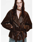 Firelady Fur Women's Waxed Sheepskin Biker Coat - Belted Asymmetric Lapel "Peninsula Black Tea" - variant_title