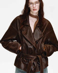 Firelady Fur Women's Waxed Sheepskin Biker Coat - Belted Asymmetric Lapel "Peninsula Black Tea" - variant_title