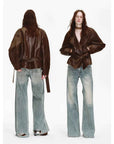 Firelady Fur Women's Waxed Sheepskin Biker Coat - Belted Asymmetric Lapel "Peninsula Black Tea" - variant_title