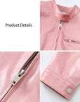 Pink lambskin cropped leather moto jacket zipper cuff and pocket details