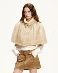 Fireladyfur Velvet Swan natural beige handwoven mink fur cape front model view
