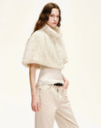 Fireladyfur Velvet Swan pearl ivory handwoven mink fur cape side model view