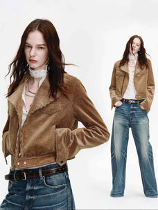 FireladyFur Women's Cropped Biker Jacket - Flocked Denim Moto Coat - variant_title