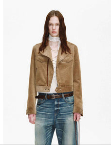FireladyFur Women's Cropped Biker Jacket - Flocked Denim Moto Coat - variant_title