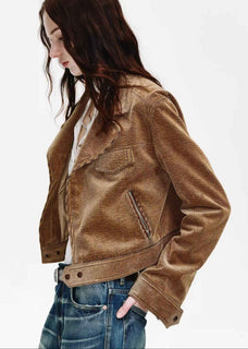 FireladyFur Women's Cropped Biker Jacket - Flocked Denim Moto Coat - variant_title