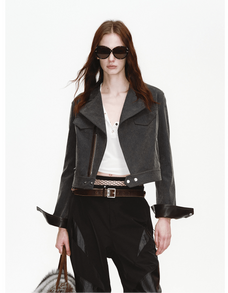FireladyFur Women's Cropped Biker Jacket - Flocked Denim Moto Coat