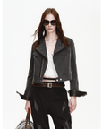 FireladyFur Women's Cropped Biker Jacket - Flocked Denim Moto Coat