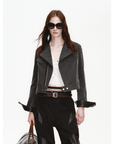 FireladyFur Women's Cropped Biker Jacket - Flocked Denim Moto Coat