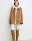 Fireladyfur Women's Faux Leather Shearling Jacket - Casual Furry Lapel Wool Coat - variant_title