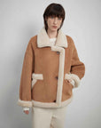 Fireladyfur Women's Faux Leather Shearling Jacket - Lapel Biker Style Wool Suede Coat - variant_title