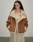 Fireladyfur Women's Faux Leather Shearling Jacket - Long Reversible Wool Coat Christmas Elk Design - variant_title
