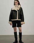 Fireladyfur Women's Faux Leather Shearling Jacket - Long Reversible Wool Coat Christmas Elk Design - variant_title