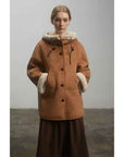 Fireladyfur Women's Faux Leather Shearling Jacket - Short Hooded Reversible Winter Coat Danish Style - variant_title