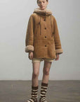 Fireladyfur Women's Faux Leather Shearling Jacket - Short Hooded Reversible Winter Coat Danish Style - variant_title