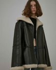 Fireladyfur Women's Faux Leather Shearling Jacket - Short Lapel Wool Coat Vintage - variant_title