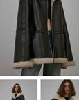 Fireladyfur Women's Faux Leather Shearling Jacket - Short Lapel Wool Coat Vintage - variant_title