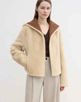 Fireladyfur Women's Faux Leather Shearling Jacket - Wool Suede Navy Collar Coat - variant_title