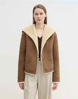Fireladyfur Women's Faux Leather Shearling Jacket - Wool Suede Navy Collar Coat - variant_title