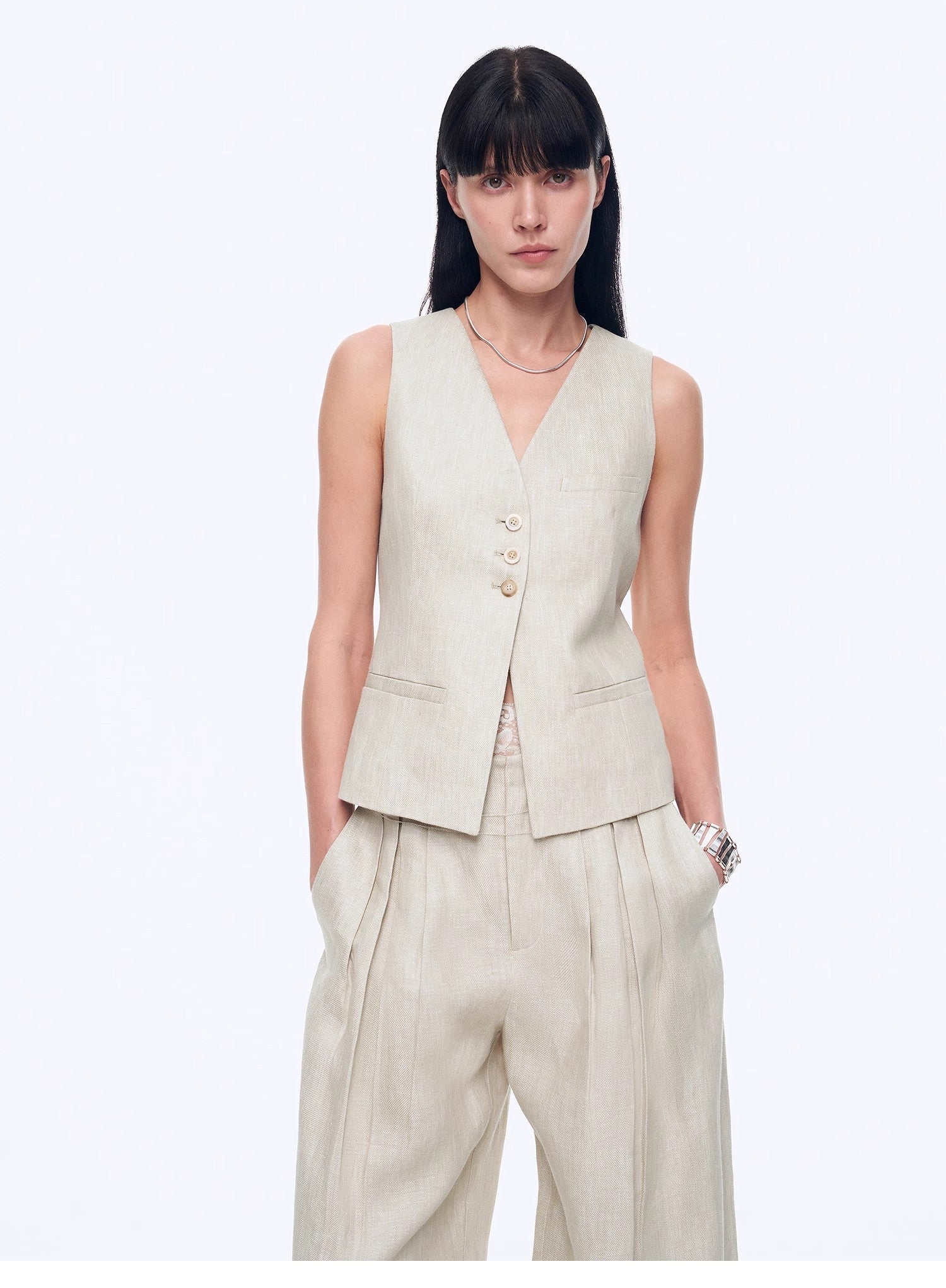 Fireladyfur Women's Linen Suit Set: Draped Vest & High - Waist Straight Trousers"Old Money Space" - variant_title