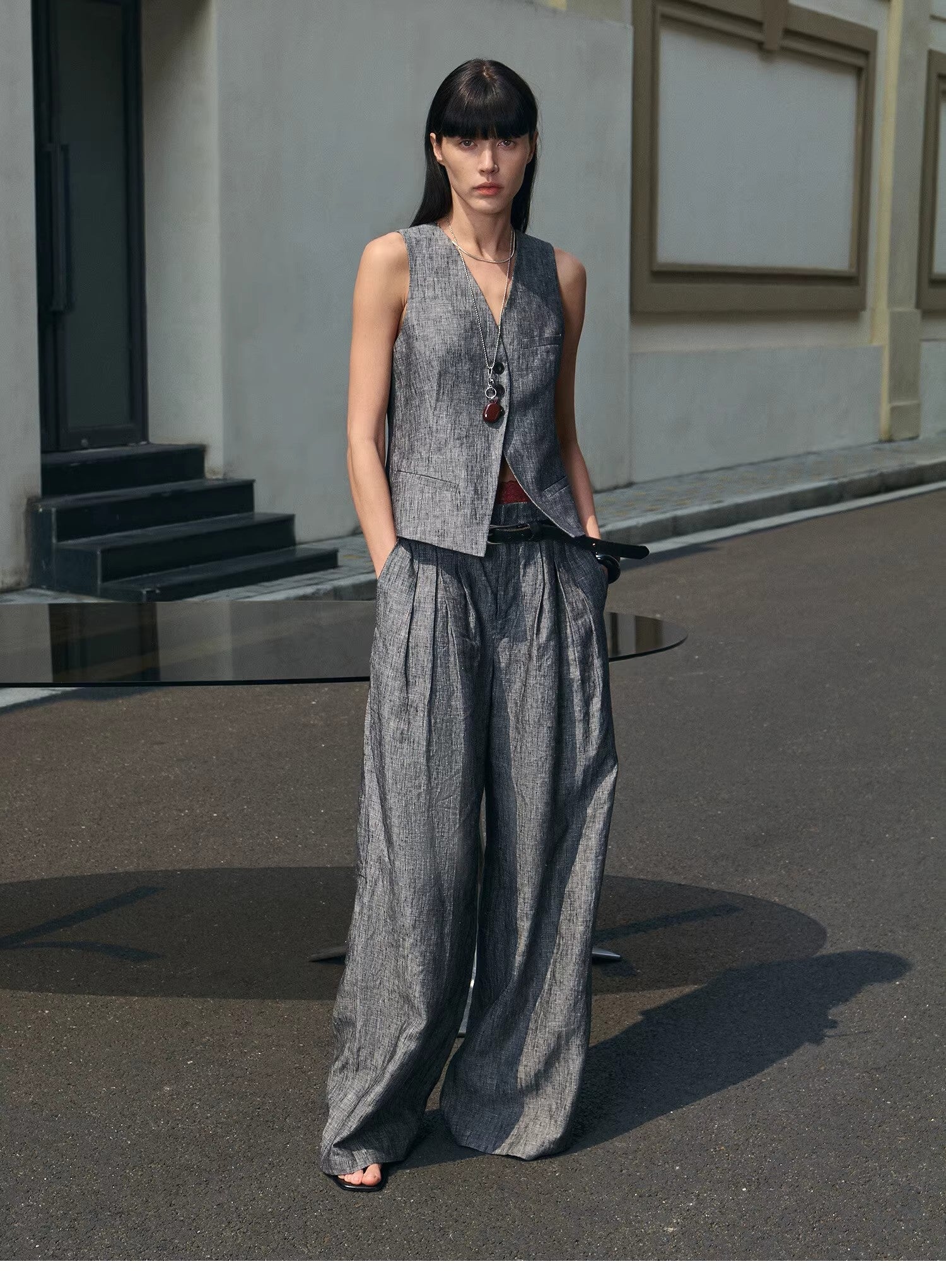 Fireladyfur Women's Linen Suit Set: Draped Vest & High - Waist Straight Trousers"Old Money Space" - variant_title