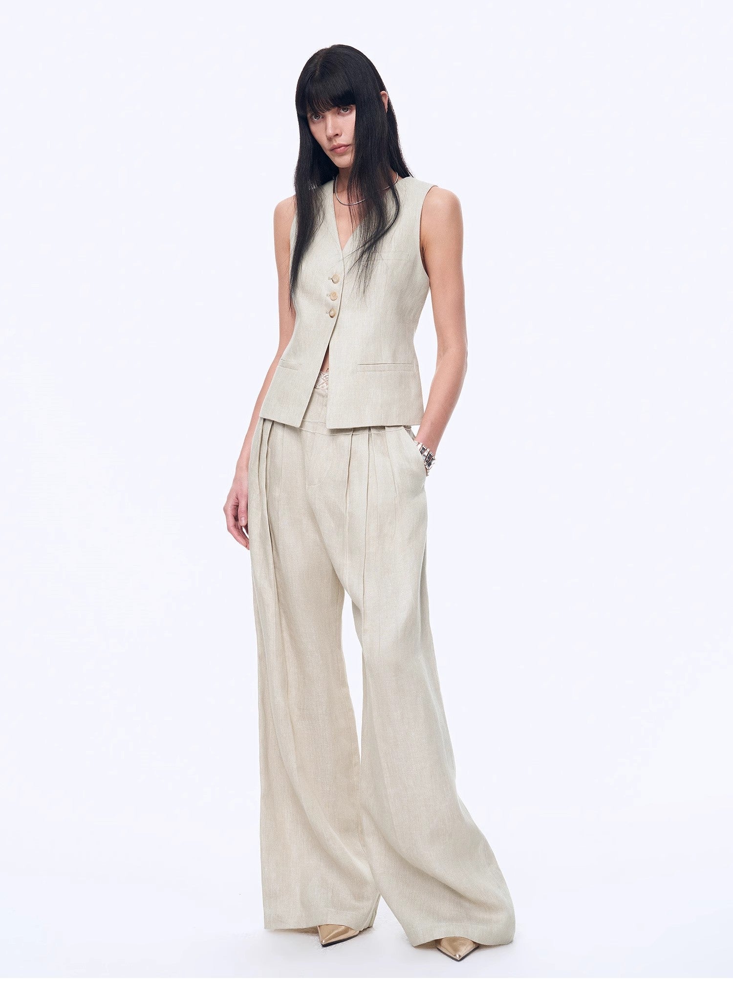 Fireladyfur Women's Linen Suit Set: Draped Vest & High - Waist Straight Trousers"Old Money Space" - variant_title