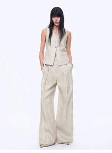 Fireladyfur Women's Linen Suit Set: Draped Vest & High - Waist Straight Trousers"Old Money Space" - variant_title