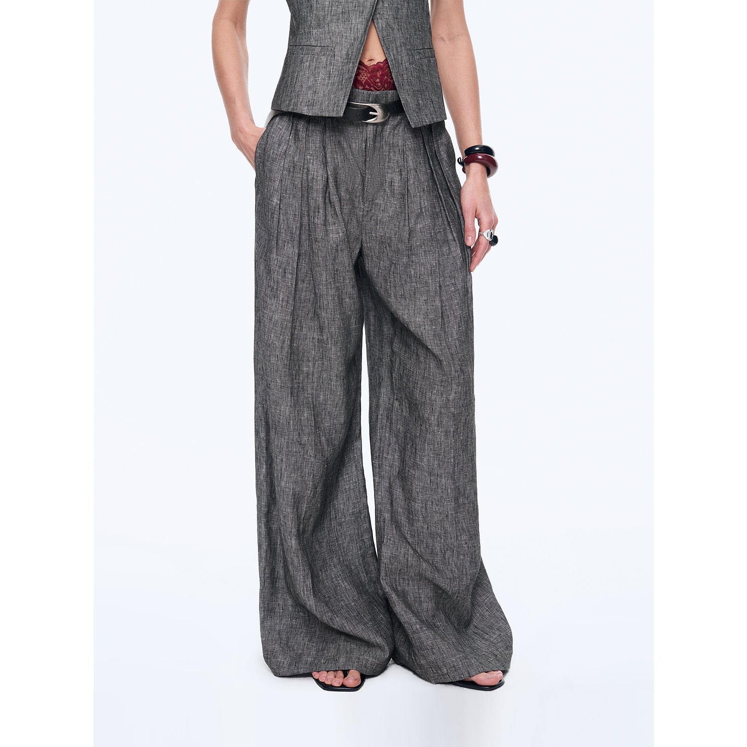 Fireladyfur Women's Linen Suit Set: Draped Vest & High - Waist Straight Trousers"Old Money Space" - variant_title