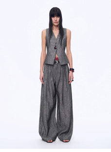Fireladyfur Women's Linen Suit Set: Draped Vest & High - Waist Straight Trousers"Old Money Space" - variant_title