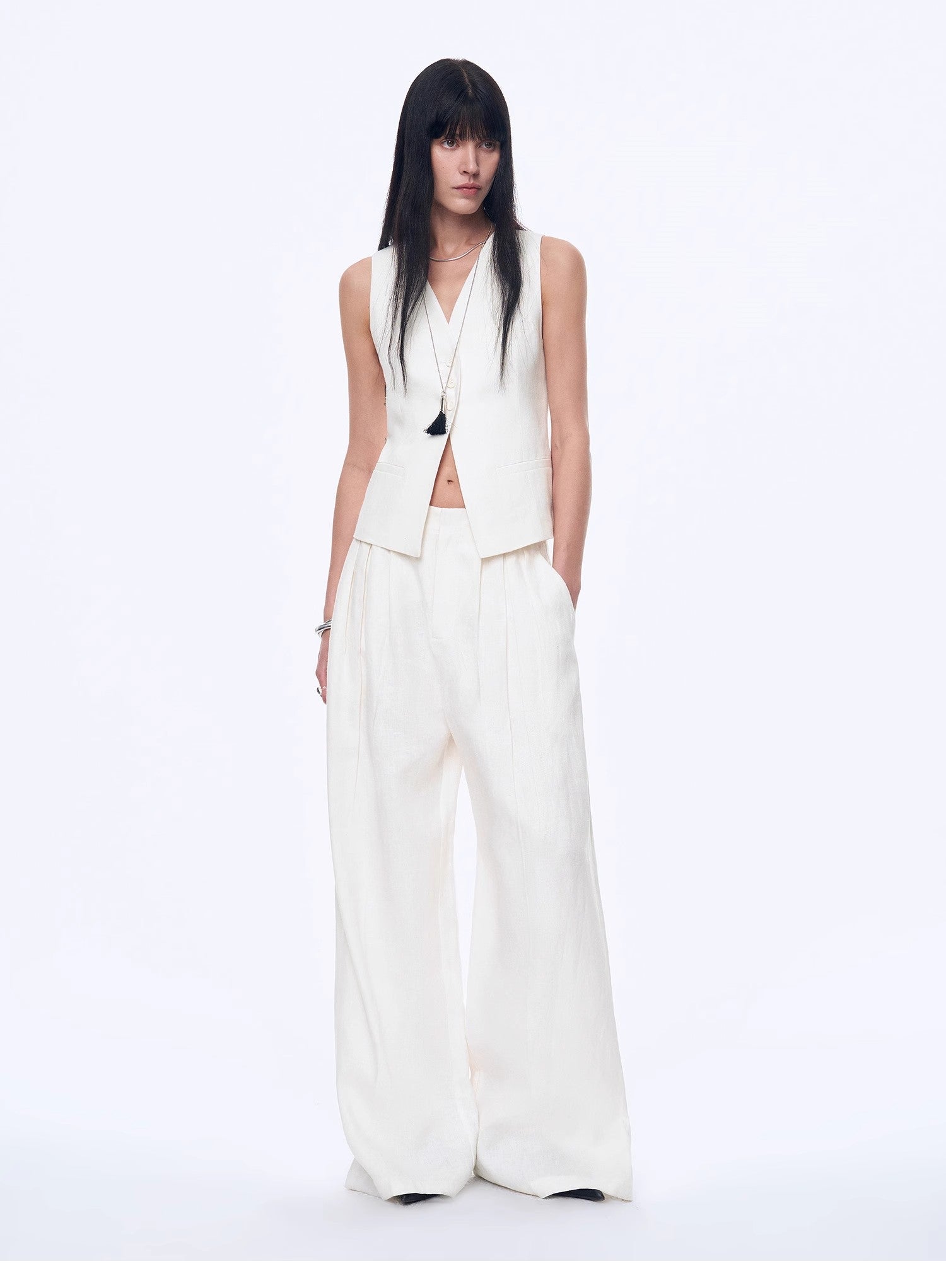 Fireladyfur Women's Linen Suit Set: Draped Vest & High - Waist Straight Trousers"Old Money Space" - variant_title