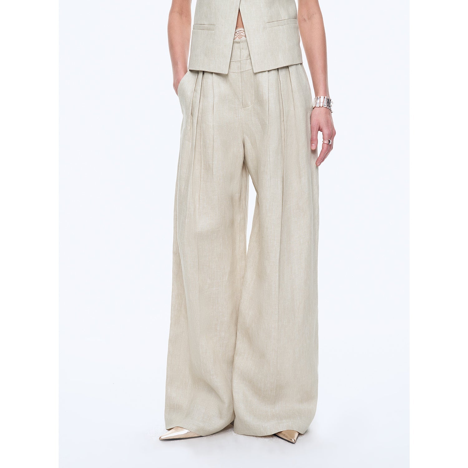 Fireladyfur Women's Linen Suit Set: Draped Vest & High - Waist Straight Trousers"Old Money Space" - variant_title