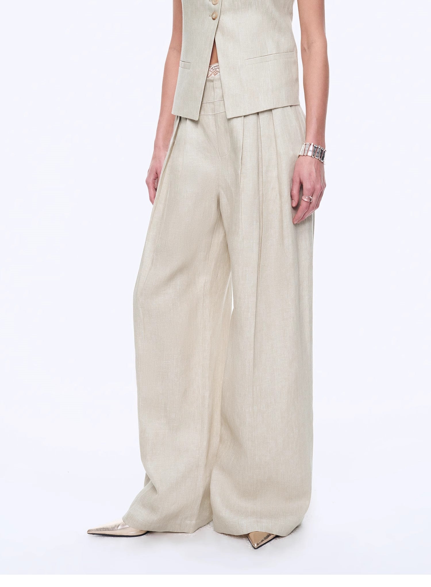Fireladyfur Women's Linen Suit Set: Draped Vest & High - Waist Straight Trousers"Old Money Space" - variant_title