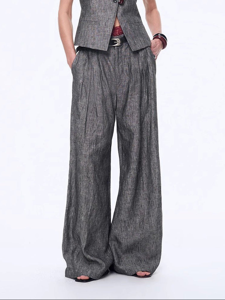Fireladyfur Women's Linen Suit Set: Draped Vest & High - Waist Straight Trousers"Old Money Space" - variant_title