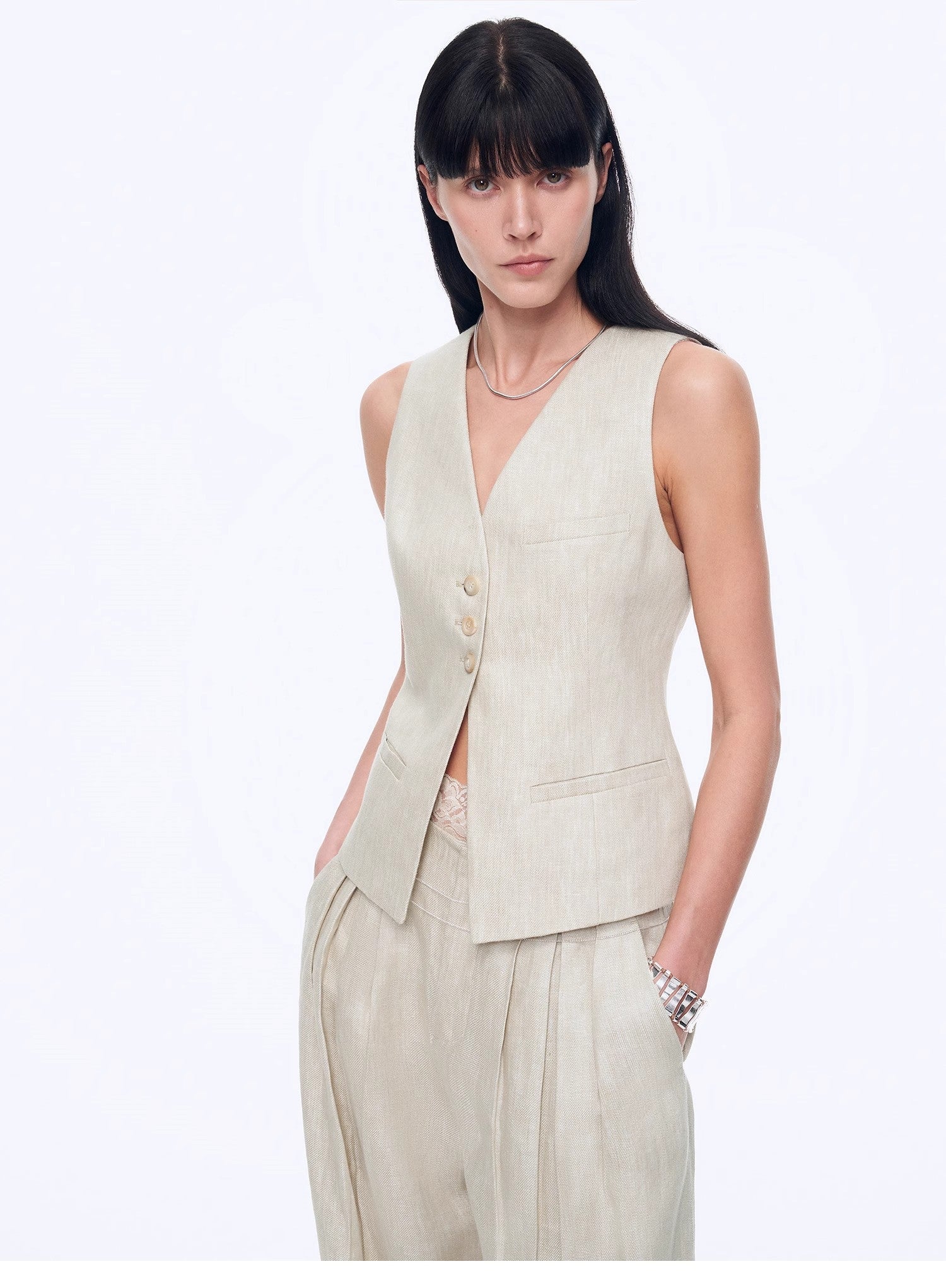 Fireladyfur Women's Linen Suit Set: Draped Vest & High - Waist Straight Trousers"Old Money Space" - variant_title