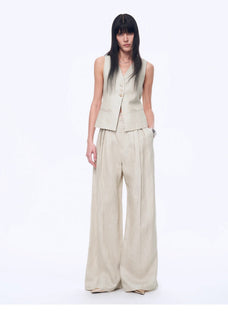 Fireladyfur Women's Linen Suit Set: Draped Vest & High - Waist Straight Trousers"Old Money Space" - variant_title
