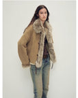 Fireladyfur Women's Shearling Coat - Imported Merino Wool Patchwork Fox Fur Collar Florence