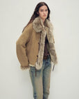 Fireladyfur Women's Shearling Coat - Imported Merino Wool Patchwork Fox Fur Collar Florence