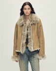Fireladyfur Women's Shearling Coat - Imported Merino Wool Patchwork Fox Fur Collar Florence