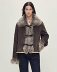 Fireladyfur Women's Shearling Coat - Imported Merino Wool Patchwork Fox Fur Collar Florence