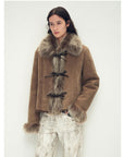 Fireladyfur Women's Shearling Coat - Imported Merino Wool Patchwork Fox Fur Collar Florence