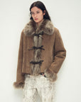 Fireladyfur Women's Shearling Coat - Imported Merino Wool Patchwork Fox Fur Collar Florence