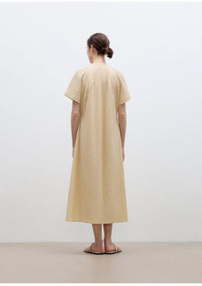 "First Love Island" Cotton Stand Collar Pleated Short Sleeve Shirt Dress for Women - variant_title