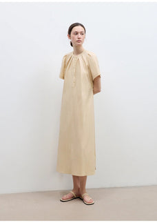 "First Love Island" Cotton Stand Collar Pleated Short Sleeve Shirt Dress for Women - variant_title