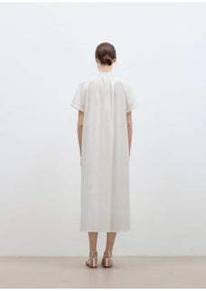 "First Love Island" Cotton Stand Collar Pleated Short Sleeve Shirt Dress for Women - variant_title